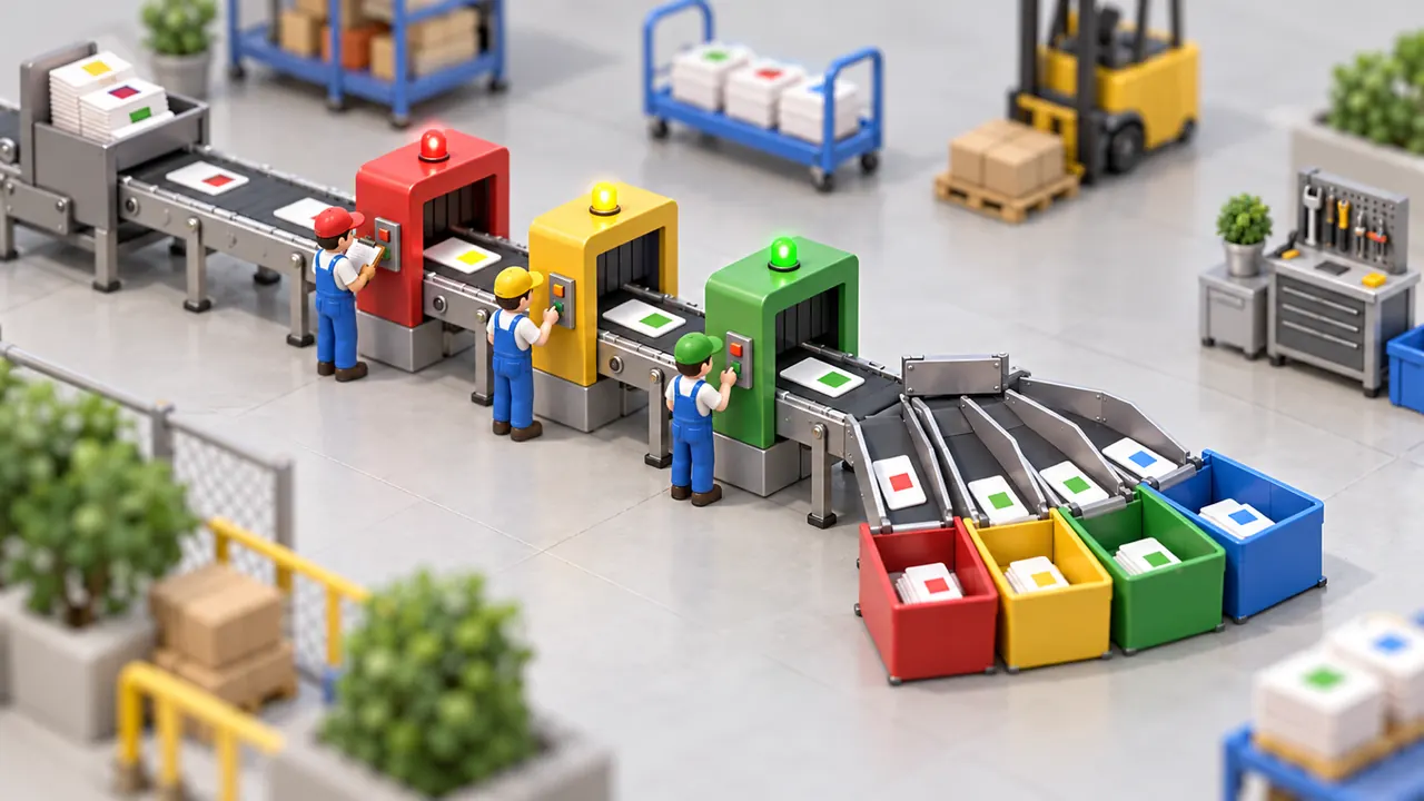 Editorial illustration of hands sorting loose meeting notes into four color-coded trays, with three gate columns behind