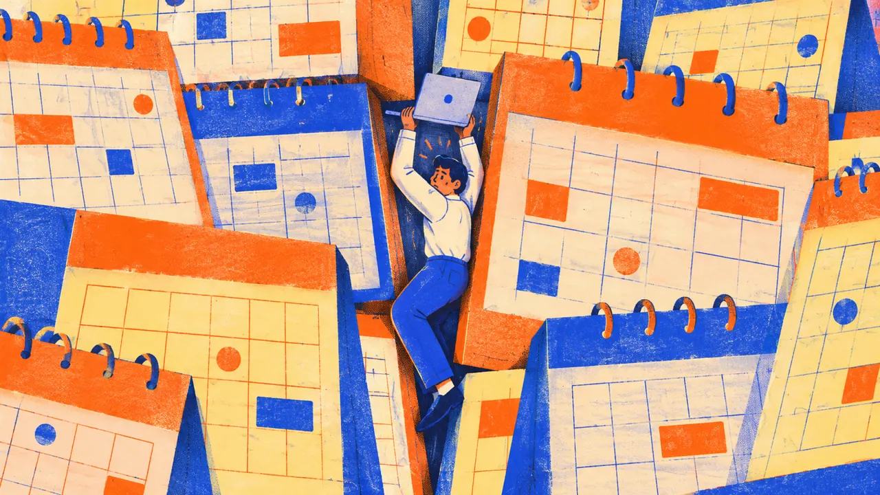 A professional reviewing work materials at a desk, representing the tension between busy meetings and real progress