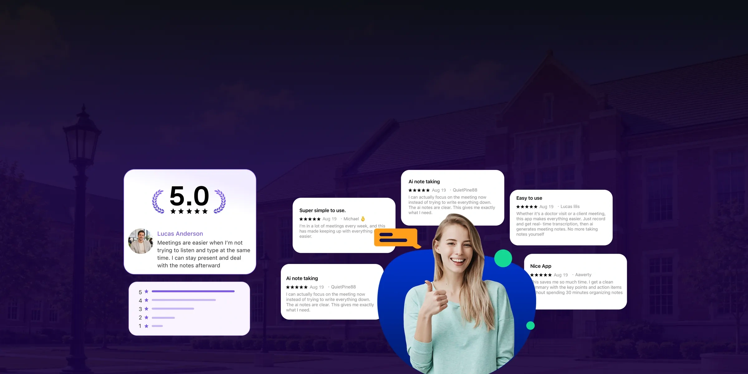 CoHear rated 5.0 with user reviews around a smiling student