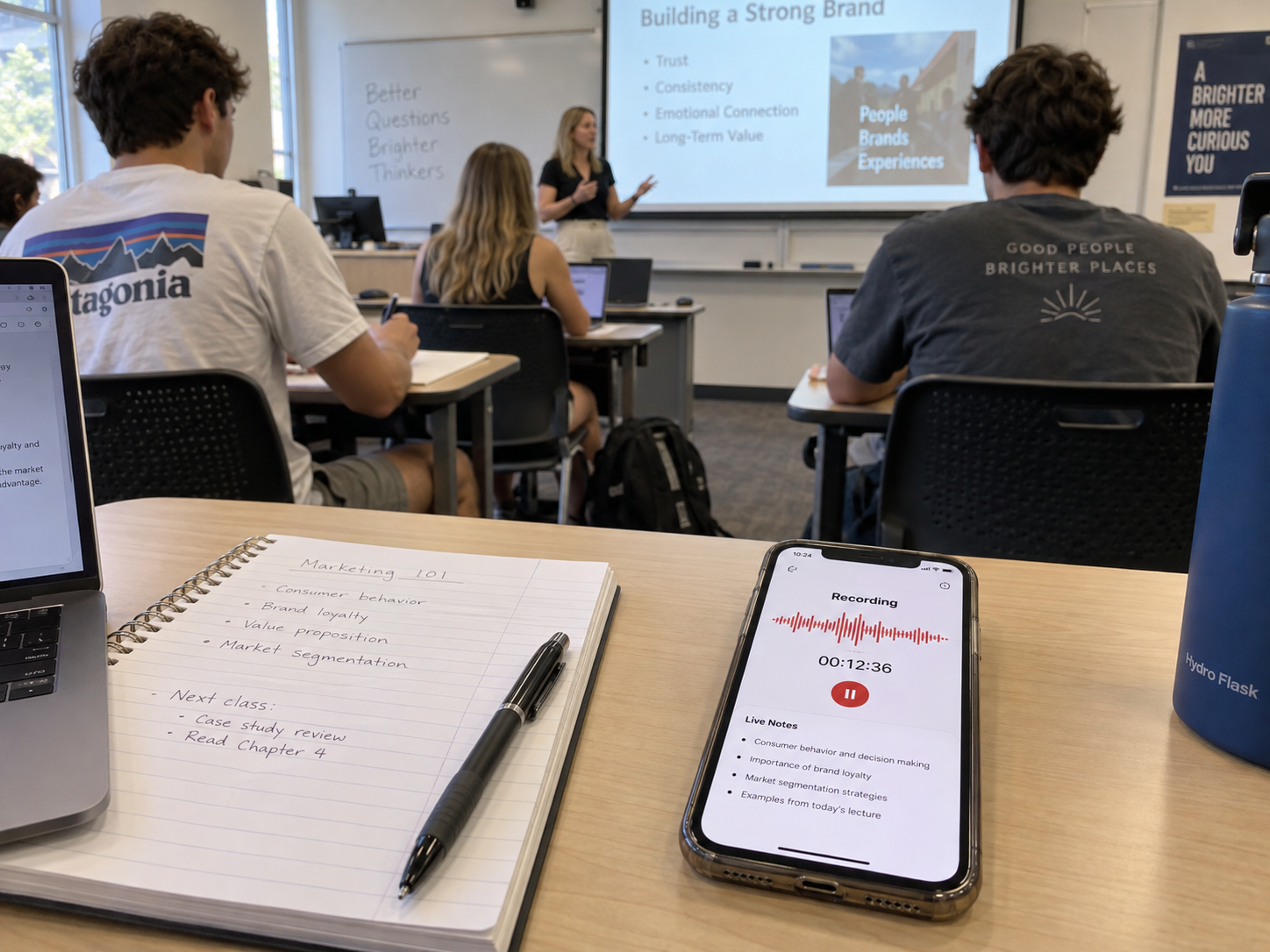 Students in class with notes and a CoHear recording on a phone