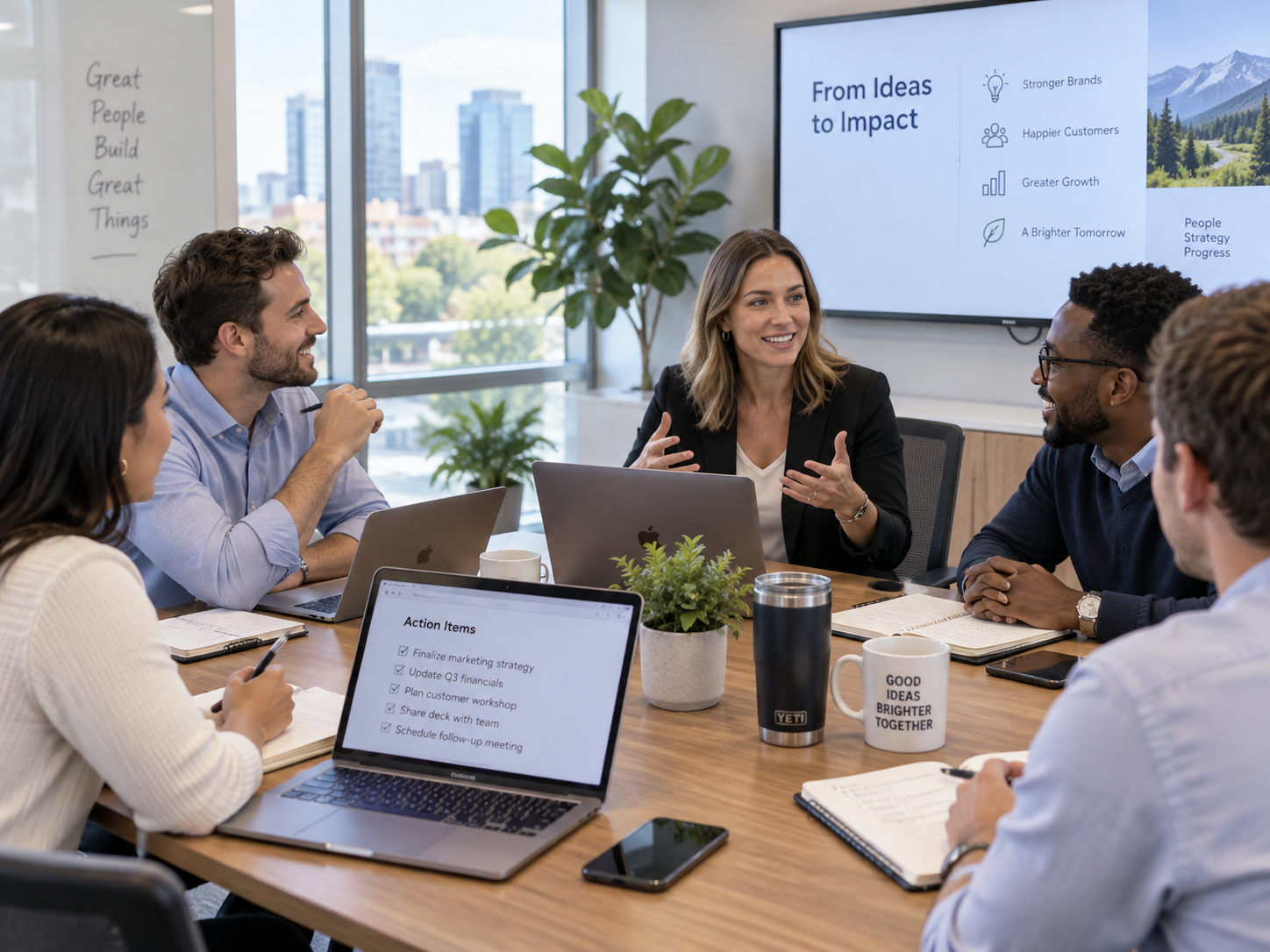 Team reviewing decisions and action items in a project meeting