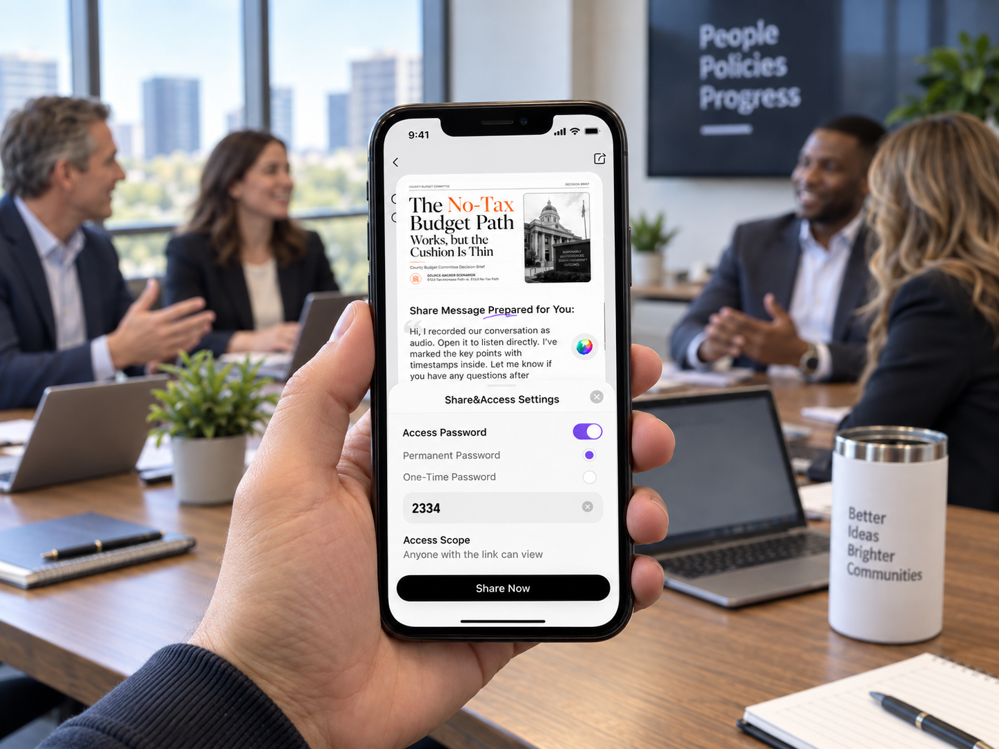 CoHear sharing interface with password and access settings
